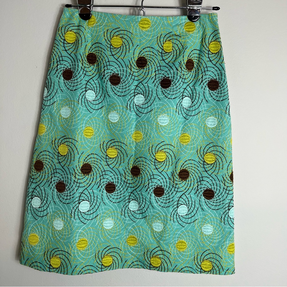 Kathlin Argiro Knee Length Skirt-Light Green Brown Yellow Embroidery-Size 4
